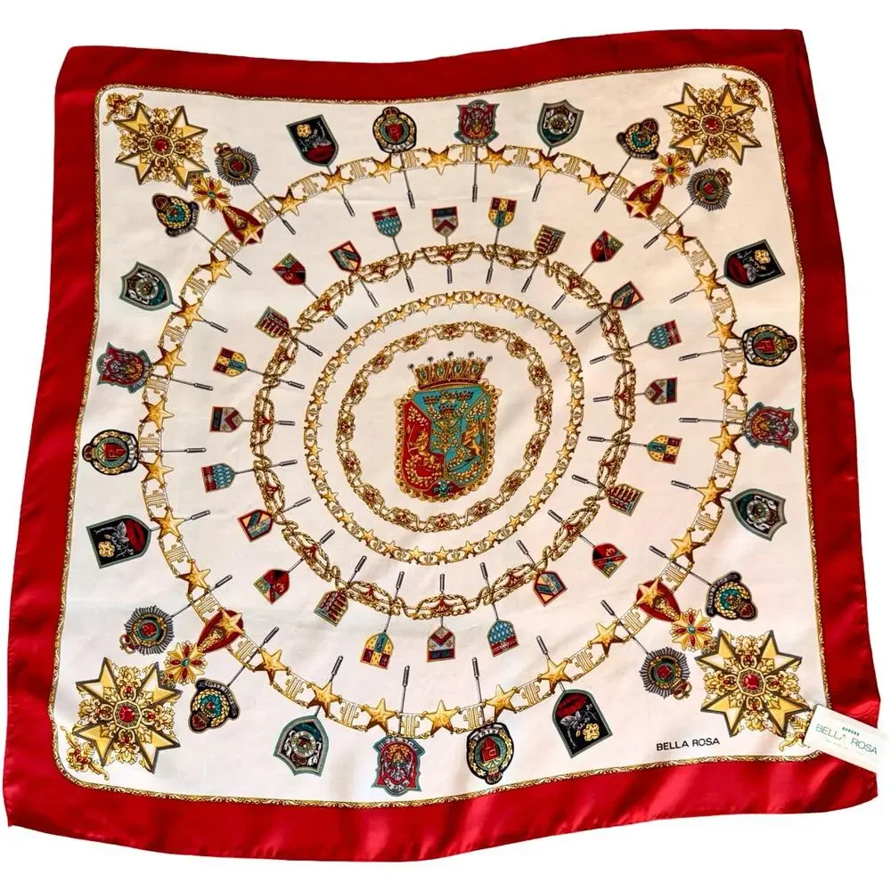 Vintage Bella Rosa Silk Scarf NWT Heraldic Medallion Crest Print 1980s Red 31x31